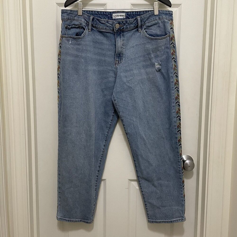Knox Rose Jeans Light Wash Blue Denim Embroidered Pants Distressed Women's Sz 16